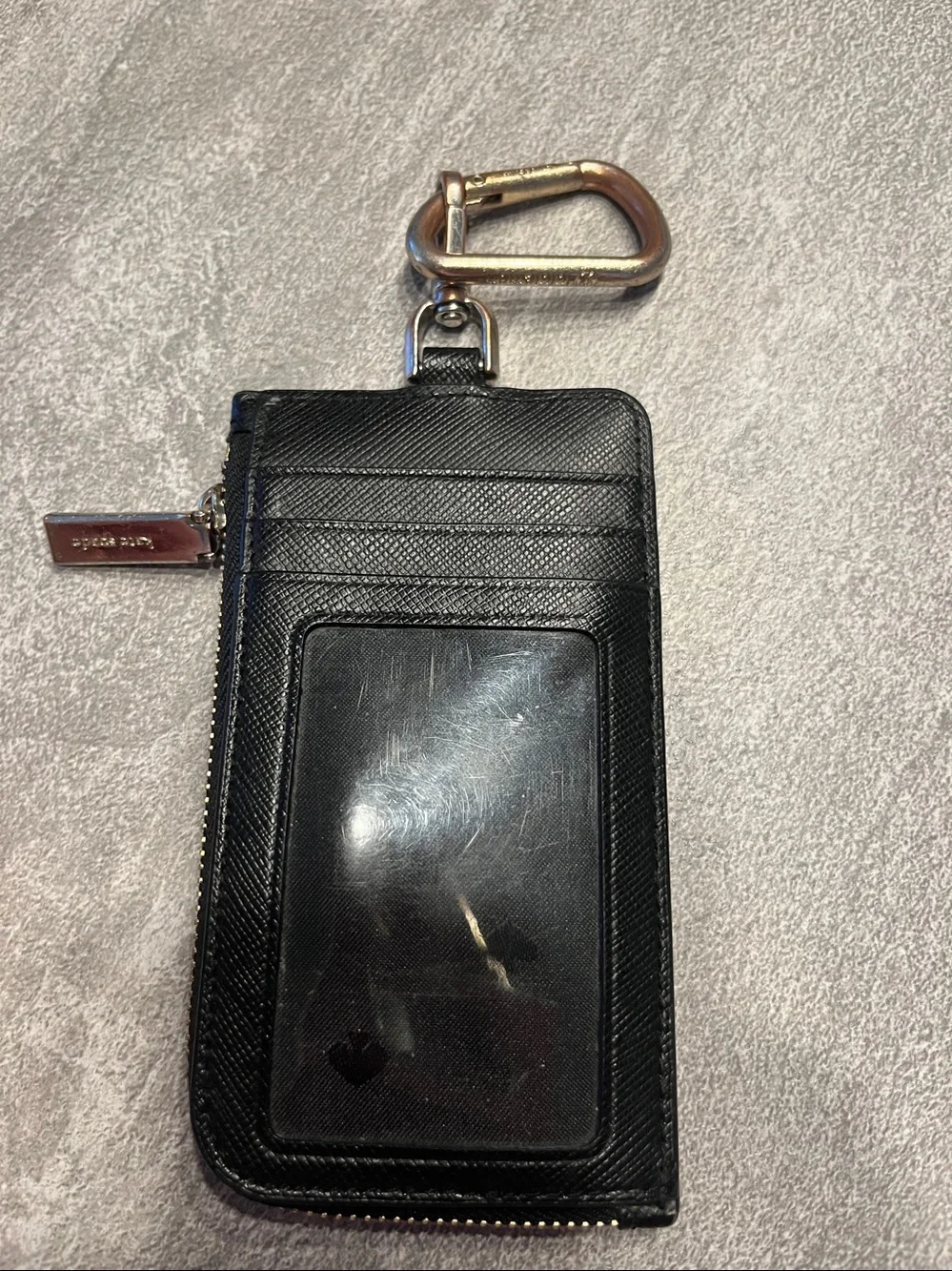 kate spade Black Saffiano Leather Zip Phone Pouch with Gold Carabiner